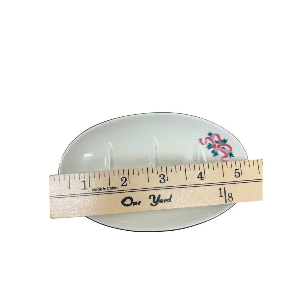 Vintage Ceramic Soap Dish With Floral Ribbon Design Made In Japan Oval Shape 5.5